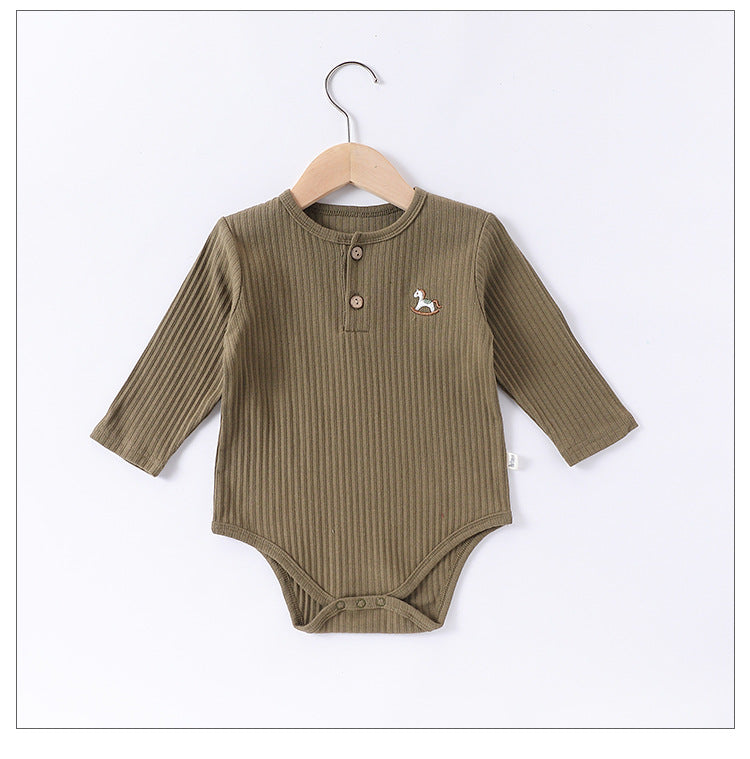 Spring Arrival Baby Unisex Long Sleeves Striped Onesies Bodysuits with Simple Embroidery-1