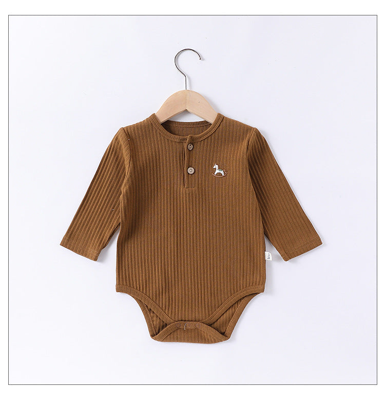 Spring Arrival Baby Unisex Long Sleeves Striped Onesies Bodysuits with Simple Embroidery-2
