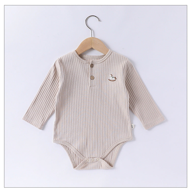 Spring Arrival Baby Unisex Long Sleeves Striped Onesies Bodysuits with Simple Embroidery-3