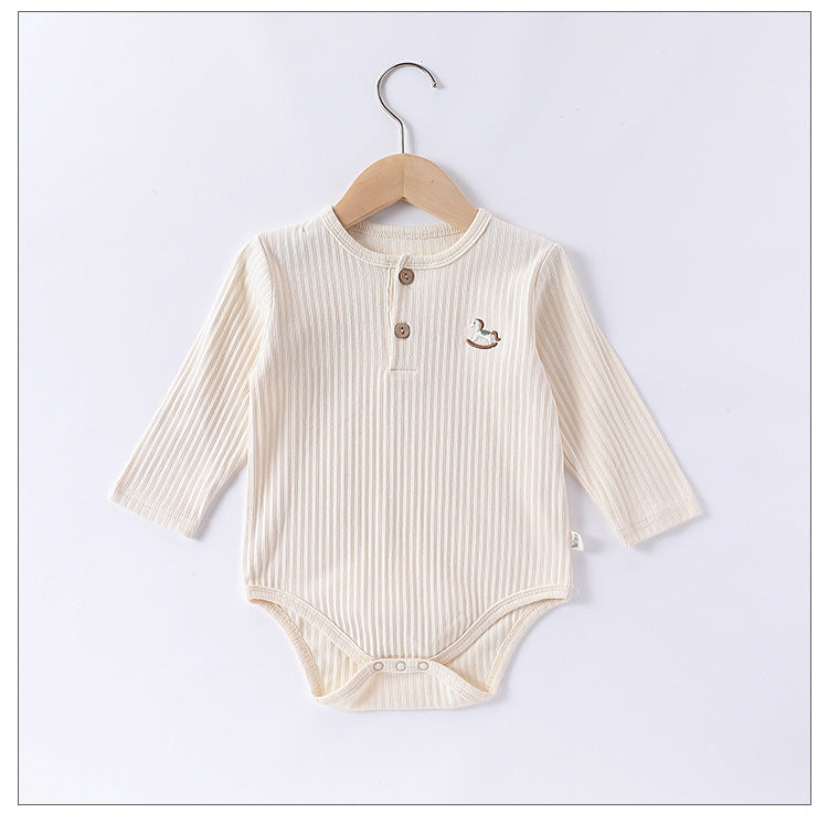 Spring Arrival Baby Unisex Long Sleeves Striped Onesies Bodysuits with Simple Embroidery-4