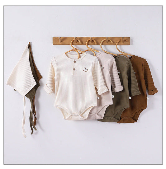 Spring Arrival Baby Unisex Long Sleeves Striped Onesies Bodysuits with Simple Embroidery-0